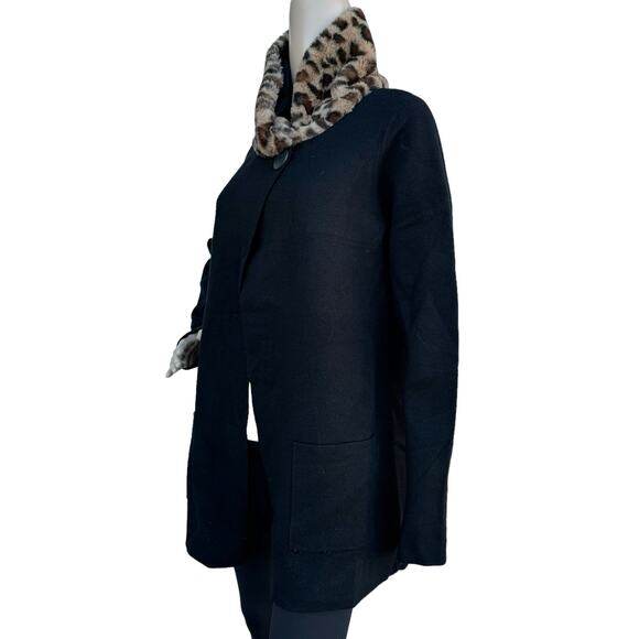 JNY Jones New York Black Knit Faux Fur Removable Collar One Button Cardigan L - Picture 3 of 10